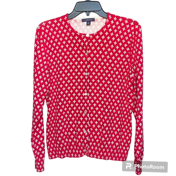 Lands’ End Fleur De Lys Cardigan Red and White Size Medium - Picture 1 of 8